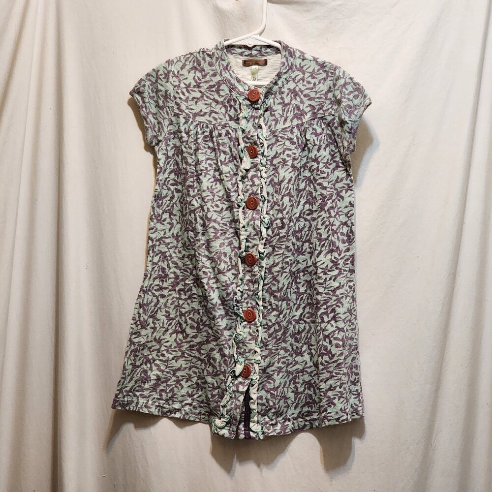 Matilda Jane Mint Green Purple Leaf Print Buttons Ruffles S/S Dress Girls 8